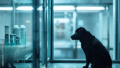 A black Canidae breed dog sits in a cage in front of a window photo