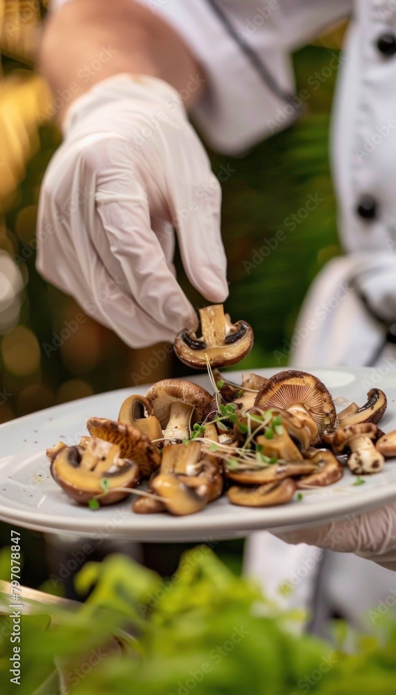 Chef preparing mushrooms on plate with fork for a delicious dish