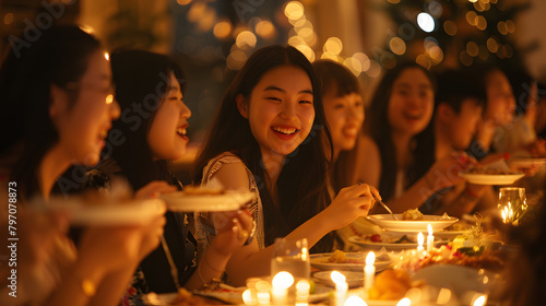 A group of young Asian women sitting at a long table. smiling and holding plates with food on them. The scene is illuminated by warm candlelight