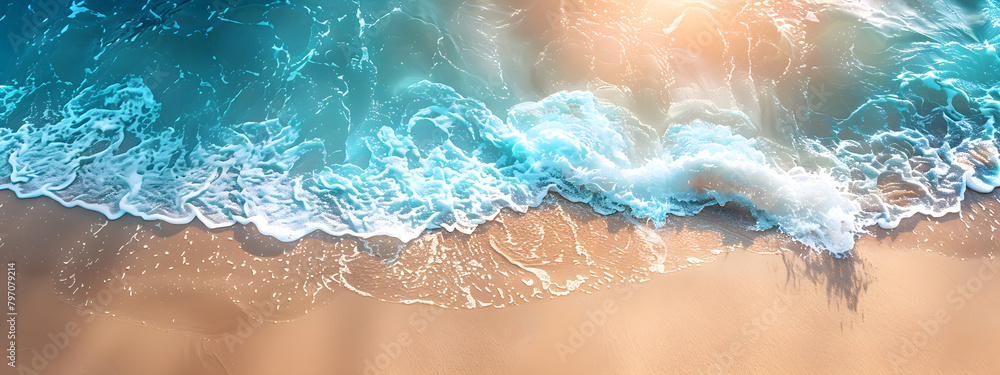 Abstract aerial view of a sandy beach with light blue water wave and sunlights, perfect for summer vacation background concept.