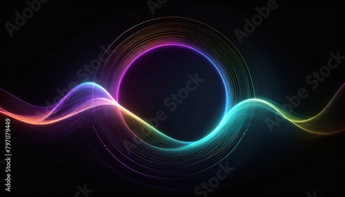 vector abstract circles lines wavy in round frame colorful spectrum light isolated on black background with empty space for text in concept technology digital music science © Marcelo