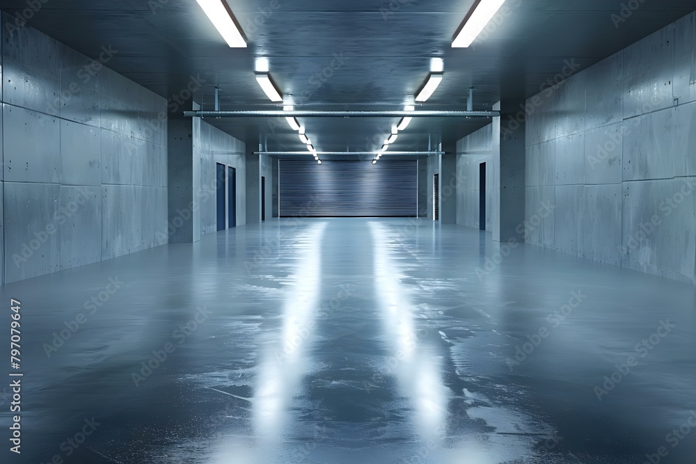Empty welllit concrete garage with clean walls polished floor and modern lighting. Concept Industrial Design, Modern Garage, Clean Space, Polished Concrete, Bright Lighting Empty welllit concrete garage with clean walls polished floor and modern lighting. Concept Industrial Design, Modern Garage, Clean Space, Polished Concrete, Bright Lighting