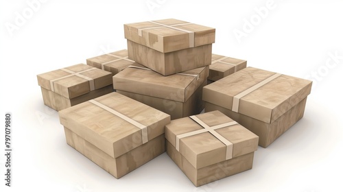 3D render illustration of closed delivery boxes stacked on top of each other. separate items. isolated on white