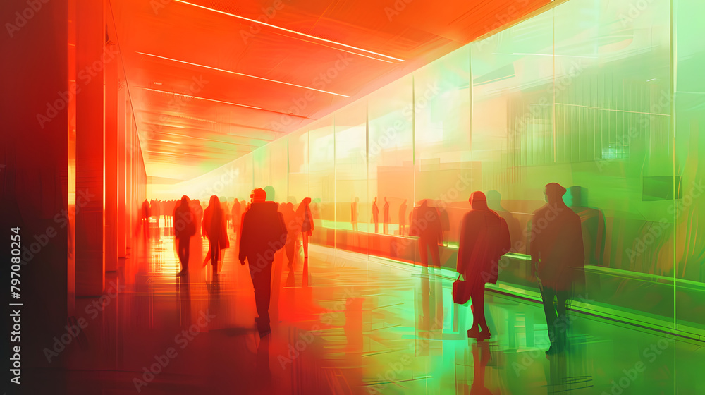 A hazy image of university students strolling in the corridor of their expansive. contemporary red and green university with vibrant orange highlights and indistinct movement blur surrounding them. A hazy image of university students strolling in the corridor of their expansive. contemporary red and green university with vibrant orange highlights and indistinct movement blur surrounding them.
