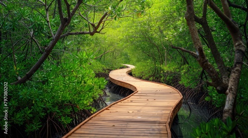 wooden boardwalk winding through a mangrove forest, offering a peaceful journey through diverse ecosystems.