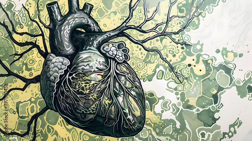 A heart with black and white veins. surrounded by green and yellow patterns representing the venous system.  photo