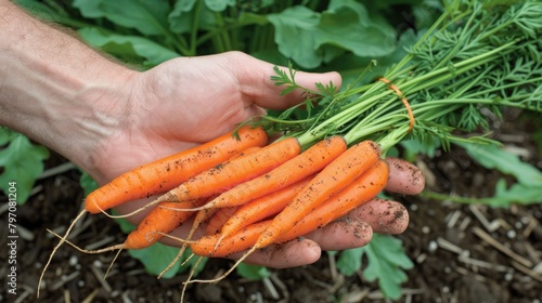Person holding a bunch of carrots, a root vegetable and natural food ingredient