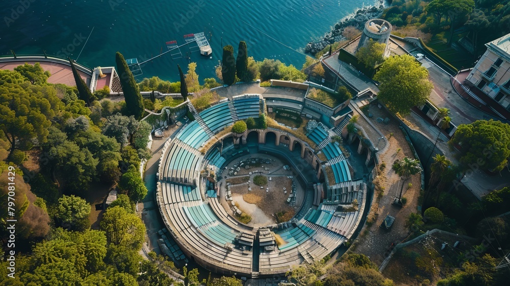 Aerial view of the amphitheater of Virgiliano park, also called Park of Remembrance, a scenic park located on the hill of Posillipo, Naples, Italy. The theater is empty and nobody is in it. Aerial view of the amphitheater of Virgiliano park, also called Park of Remembrance, a scenic park located on the hill of Posillipo, Naples, Italy. The theater is empty and nobody is in it.