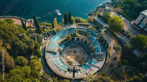 Aerial view of the amphitheater of Virgiliano park, also called Park of Remembrance, a scenic park located on the hill of Posillipo, Naples, Italy. The theater is empty and nobody is in it.