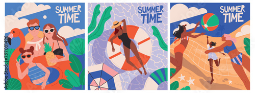 Summer Time Posters Set. Friends playing beach volleyball, girl swimming in pool and family relaxing at sea. Summer holiday or vacation. Cartoon flat vector illustrations isolated on white background