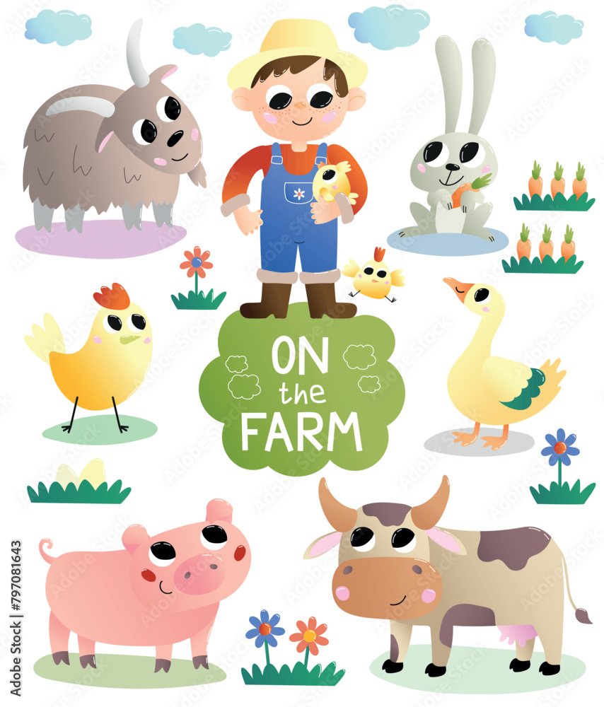 Set of Happy child and farm animals. Adorable boy character with pig, duck, cow, chicken, bunny and goat. Agriculture and farming. Cartoon flat vector illustrations isolated on white background