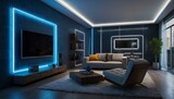 Modern smart home design with monitor screen and blue neon lights. Generative AI