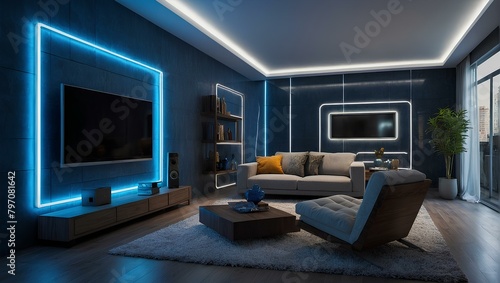 Modern smart home design with monitor screen and blue neon lights. Generative AI © Gang studio