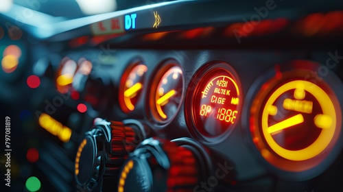 Car dashboard close-up with warning lights (symbols) showing fault, problems with machine oil, battery and safety belt photo