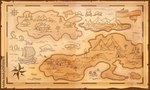 Old vintage map. Ancient worn parchment with islands, pirate frigate and wind rose. Grunge paper with land and location of Caribbean Sea with monsters and adventures. Cartoon flat vector illustration