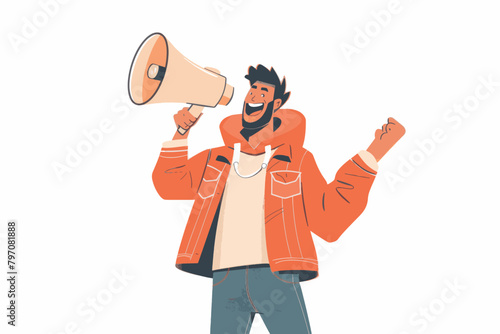 A flat vector illustration of a young man talking into a loudspeaker megaphone