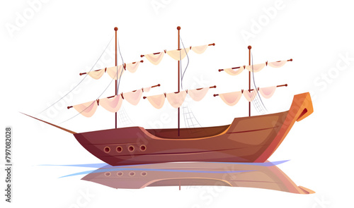 Old wooden ship. Ancient nautical vessel, frigate with white sails or traditional historical boat. Antique yacht, sea galleon or warship. Cartoon flat vector illustration isolated on white background