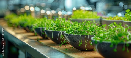 Row of bowls with green terrestrial plants as table groundcover photo