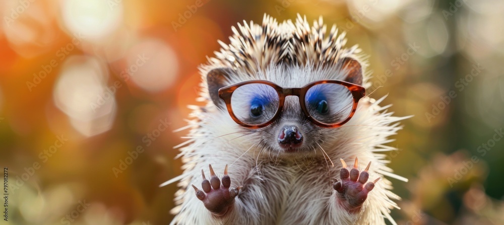 Hedgehog with glasses posing for a photo in electric blue eyewear