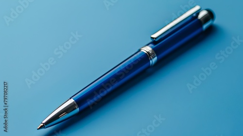 Ballpoint pen on a blue isolated background. Stationery items. Subject for writing 