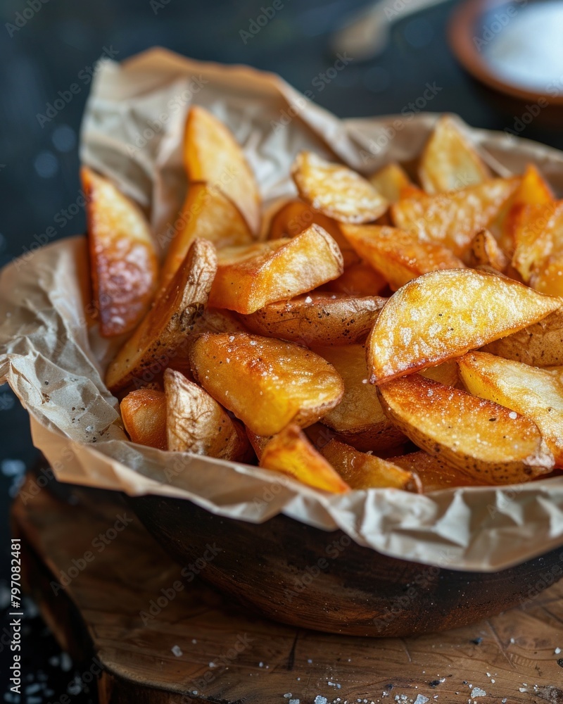 A bowl of French fries, a staple food, sitting on a wooden table A bowl of French fries, a staple food, sitting on a wooden table
