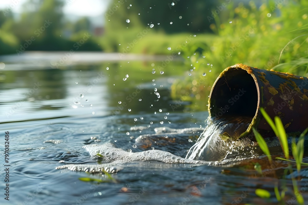 Directly releasing waste into water from a pipe causes environmental pollution. Concept Water Pollution, Environmental Impact, Industrial Discharge, Direct Drainage, Pollution Prevention Directly releasing waste into water from a pipe causes environmental pollution. Concept Water Pollution, Environmental Impact, Industrial Discharge, Direct Drainage, Pollution Prevention