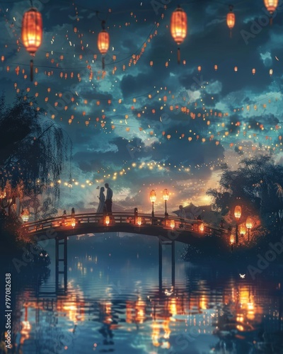 Couple on night bridge with lanterns, water below, city skyline in distance