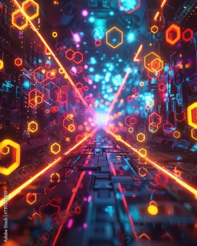 a computer generated image of a tunnel filled with neon lights and hexagons