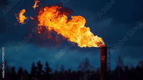 Bright Industrial Flame Burning at Gas Refinery