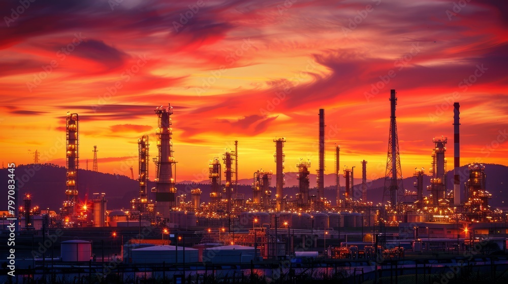 Industrial Majesty at Dusk, Oil Refinery Silhouettes Against Sunset