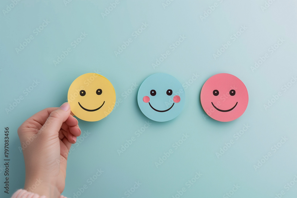 Woman hand choosing happy smile face paper cut, feedback rating and positive customer review Woman hand choosing happy smile face paper cut, feedback rating and positive customer review