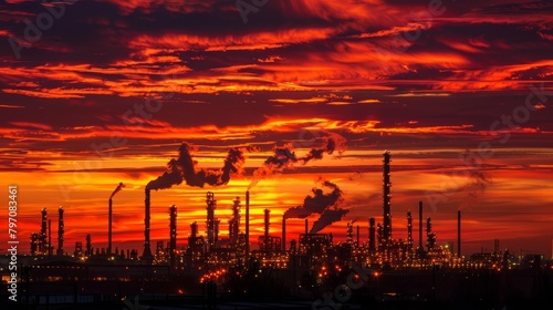 Sunset Over Oil Refinery with Glowing Industrial Backdrop
