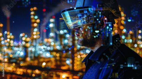 Futuristic AR Interface Worn by Engineer Overlooking Refinery at Night