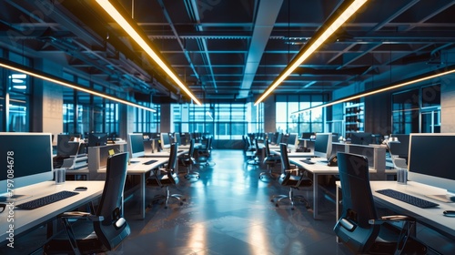 Corporate Call Center, Rows of Computer Desks, Ambient Overhead Lights