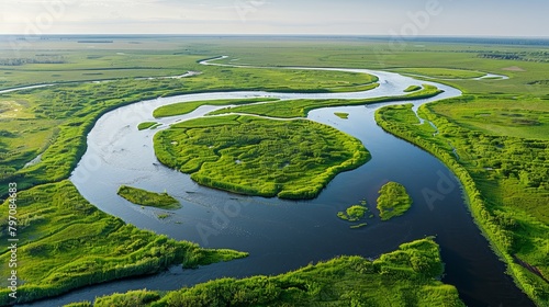 Serpentine Wetlands from Above, Verdant Nature Panorama