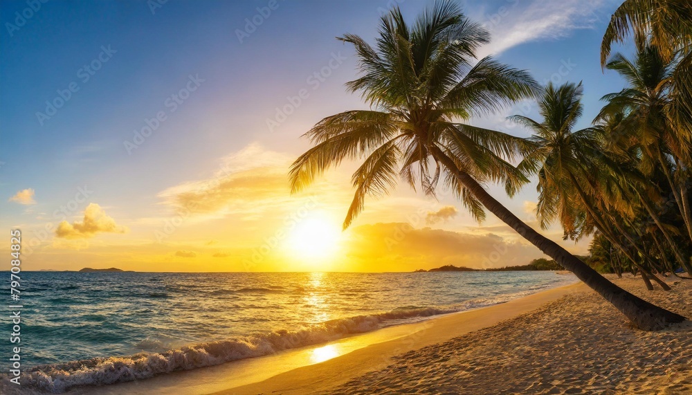 beautiful beach with palm trees at sunset panorama of a tropical landscape sea sunset 3d rendering