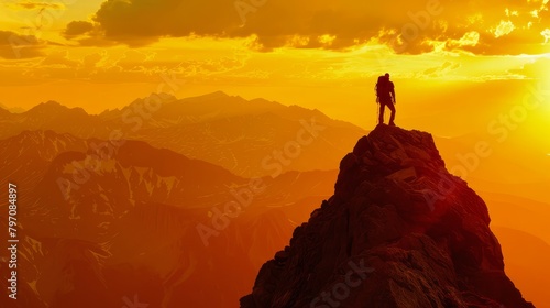 Mountaintop Sunrise, Climber's Silhouette, Golden Morning Light