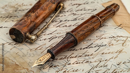 Fountain pen on an antique handwritten letter. Vintage nib pen and handwritten english cursive style font copperplate, spencerian. Old history background. Retro style