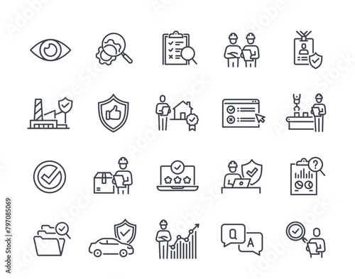 Set of inspection related line icons. Simple signs with quality control, production checks, examination and QA. Design elements for app. Outline flat vector collection isolated on white background