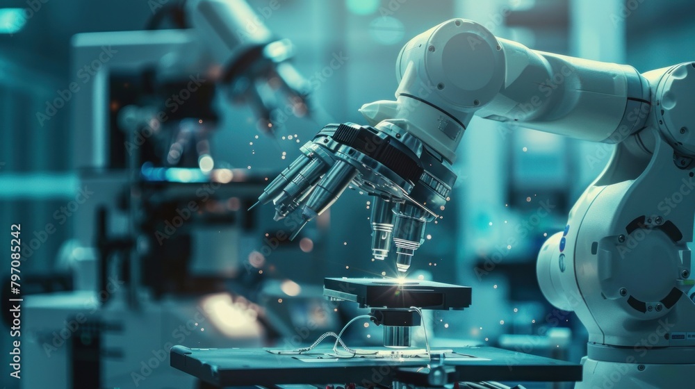 A robotic arm in electric blue is working on a machine in a factory A robotic arm in electric blue is working on a machine in a factory