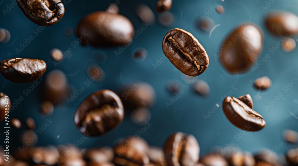 Coffee beans in flight on a dark background Coffee beans in flight on a dark background