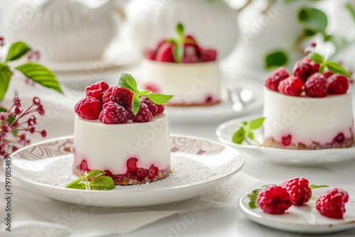 Closeup of a fruit dessert with raspberries on a dishware, on a table