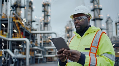 Refinery Engineer with Tablet at Industrial Site
