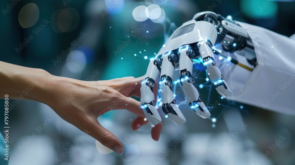 A person is making a liquid gesture on the electric blue robots hand A person is making a liquid gesture on the electric blue robots hand