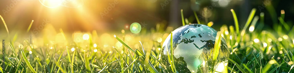 Fototapeta premium glass word on the green ground with sun rays 