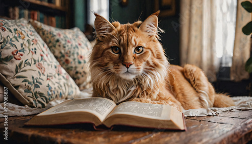 Smart cat reading, frustrated and fed up doing homework at home. Cat working inside, happy homework.