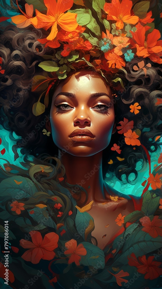  A Vibrant Woman Portrait of Grace and Nature. Feminine Grace Amongst Vivid Florals. A Dreamlike Fusion of Nature's Beauty and Artistic Imagination. Ethereal Elegance. A Woman  in Floral Fantasy.