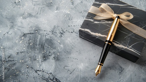 Fountain pen on marble and gray background. Gift concept. Copy space photo