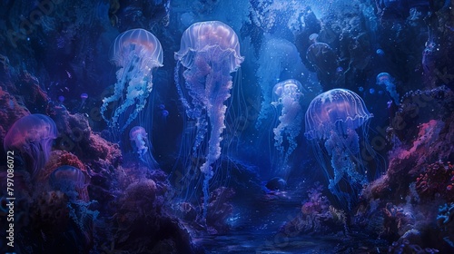 Floating through the water  glowing gracefully  jellyfish perform a mesmerizing underwater ballet.