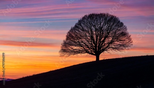 a tree sits atop a hill bathed in a purple and orange sky with swirling patterns in the backdrop